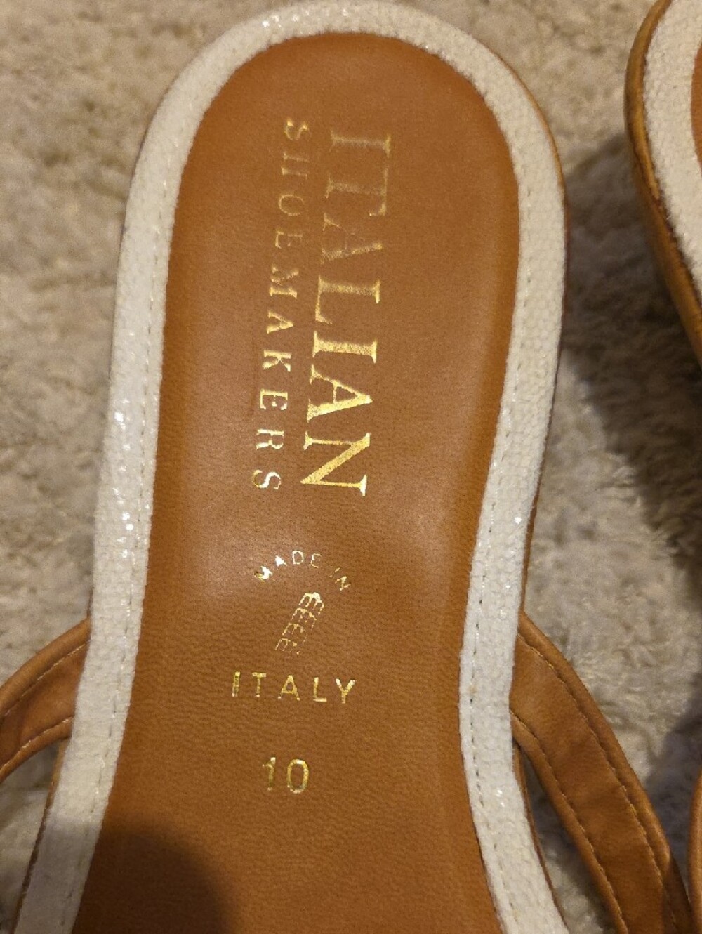 Italian Shoemakers Brown and White Leather Slide Sandals with Gold Medallion - Picture 2 of 7